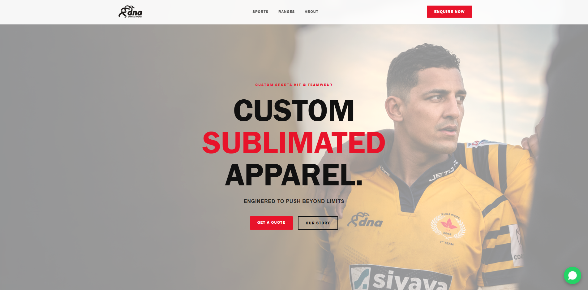 DNA Sportswear custom sublimated apparel website hero section