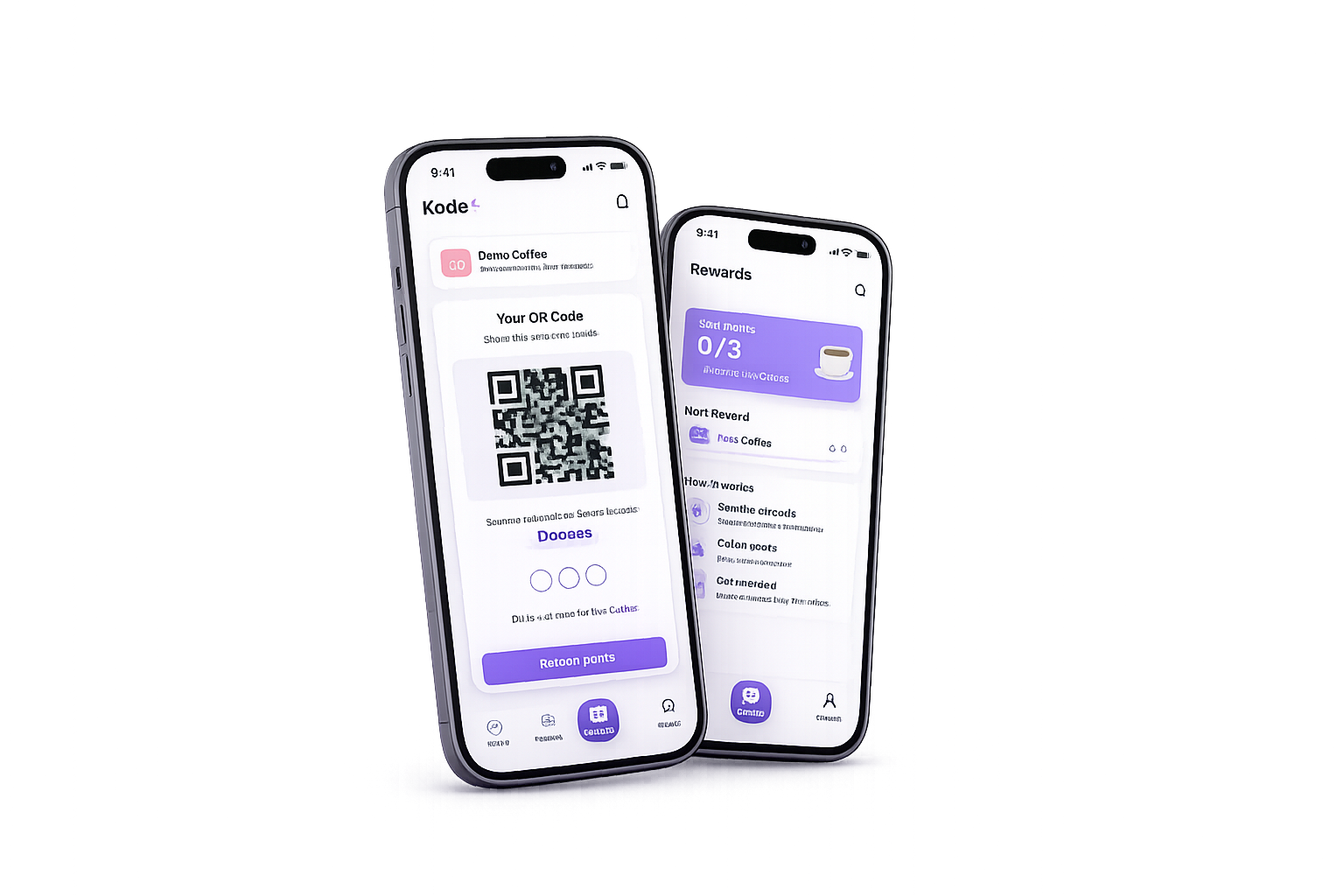 Kode+ app shown on two phones — QR loyalty card and rewards screen